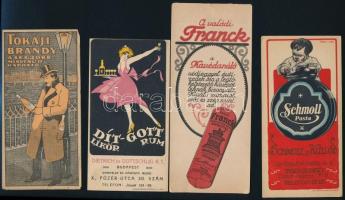 cca 1910-1930 Vegyes számolócédula tétel, 10 db, köztük többek közt Tokaji Brandy, Franck kávédaráló, Schmoll Pasta