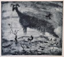 Láng Rudolf (1904-1991): Éj a kopár hegyen. Rézkarc, papír, jelzett, 26×29 cm