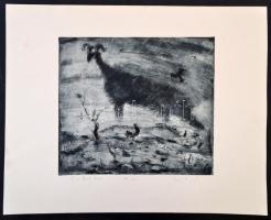 Láng Rudolf (1904-1991): Éj a kopár hegyen. Rézkarc, papír, jelzett, 26×29 cm