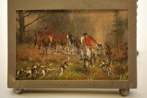 XX. sz. eleji angol jegyzettábla, részben kézzel festett vadászjelenettel, ceruzával