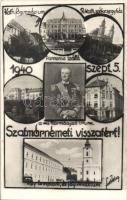 1940 Szatmárnémeti, Satu Mare; Horthy Miklós, Katolikus főgimnázium és székesegyház, Pannonia szálló, református templom és főgimnázium. Foto Kósa / grammar school, cathedral, hotel "1940 Szatmárnémeti visszatért" So. Stpl