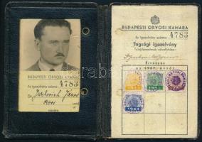 1941 Bp., A Budapesti Orvosi Kamara hivatalos fényképes tagsági igazolványa, tagdíjbélyegekkel