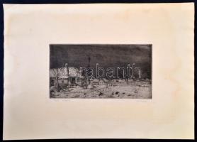 Kórusz József  (1927-2010): Téli alkony. Rézkarc, papír, jelzett, 12×23 cm