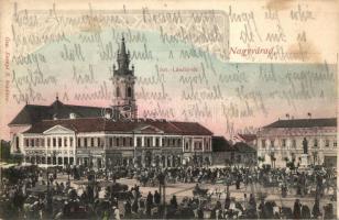 Nagyvárad, Oradea; Szent László tér, piac, Csarnok kávéház, Általános Takarékpénztár, Dohánybolt, Adria és más üzletek / square, market, shops, savings bank (EB)