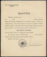 1945 Kitöltetlen igazolás MNB pénzjegynyomdai hadiüzemi szolgálatról és bevonulás alóli felmentésről, hadiüzemi bélyegzővel, a hadiüzemi személyzeti parancsnok aláírásával