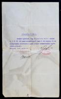 1919 Igazolvány rekvirálásról a Tanácsköztársaság idejéből, Óbudai Hajógyár termelési bizottságának és ellenőrző munkás tanácsának pecsétjeivel, aláírással, kis szakadással, 34x21 cm