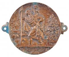 DN "St. Christopher Protect Us! (Szent Kristóf oltalmazz minket!" angol nyelvű Br érem két füllel (~58mm) T:2 patina