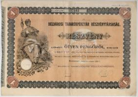 Budapest 1926. "Belvárosi Takarékpénztár Részvénytársaság" részvénye 50P-ről, szárazpecséttel, bélyegzéssel és szelvényekkel T:II-,III