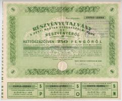 Budapest 1946. "Pesti Magyar Kereskedelmi Bank" részvényutalvány 5 részvényről egyben, összesen 250P-ről, szárazpecséttel, bélyegzéssel, szelvényekkel T:II,II-