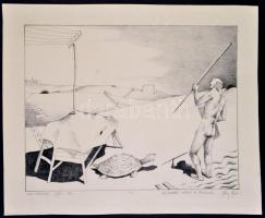 Dékány Ágoston (1948-2015): Kapcsolódások nélkül. Litográfia, papír, jelzett, 35×45 cm