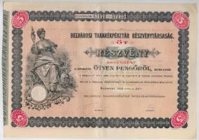 Budapest 1926. "Belvárosi Takarékpénztár Részvénytársaság" öt részvénye egyben 250P-ről, szárazpecséttel, bélyegzéssel és szelvényekkel T:II
