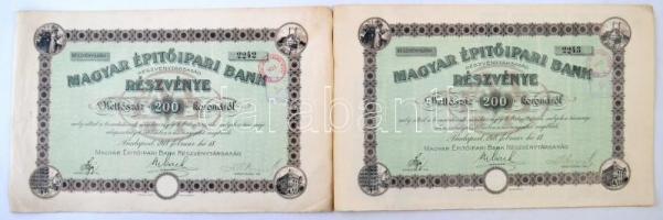 Budapest 1918. "Magyar Épitőipari Részvénytársaság" részvénye 200K-ról, bélyegzésekkel és szárazbélyegzővel, szelvényekkel (2x) sorszámkövető pár T:I-,II,II-