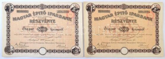 Budapest 1923. Magyar Épitő Iparbank huszonöt darab részvénye összesen 5000K-ról, bélyegzéssel és szárazbélyegzővel, szelvényekkel (2x) T:I,I-