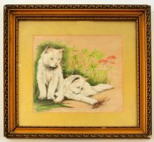 Heyer jelzéssel: Cicák és a szarvasbogár. Festett selyem, üvegezett keretben, 20×23 cm