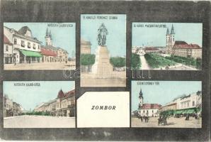 Zombor, Sombor; Kossuth Lajos utca, Szent György tér, II. Rákóczi Ferenc szobra, Adler A. üzlete. Kiadja Gehring Istvánné / streets, square, monument, shops (EK)