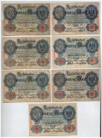 Német Birodalom 1908. 20M (7x) hét jegyű sorszám T:III,III- German Empire 1908. 20 Mark (7x) seven digit serial C:F,VG Krause 46.b