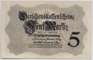 Német Birodalom 1914. 5M (9x) hét jegyű sorszám T:III
German Empire 1914. 5 Mark (9x) seven digit s...