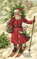 Boldog karácsonyi ünnepeket! / Christmas, Saint Nicholas skiing, litho