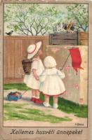 Kellemes húsvéti ünnepeket! / Easter greeting card, girls with rabbits, Erika Nr. 2039. litho s: P. Ebner (Rb)