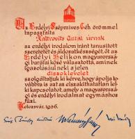 1936 Az Erdélyi Szépmíves Céh díszes oklevele Kaltrovics Antal (?-?) nagykanizsai őrnagy, a Nagykani...
