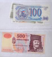 Négygyűrűs mappa 10db hármas osztású berakólappal, benne nagyrészt jó állapotú külföldi és magyar ba...