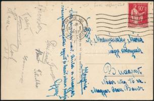 1933 A magyar labdarúgó válogatott tagjai által aláírt képeslap Franciaországból. Mednyánszky Mária 18-szoros világbajnok asztaliteniszezőnek. titkos, Déri, Bíró, Korányi, Háda, Turay, Cseh II. és mások aláírásai