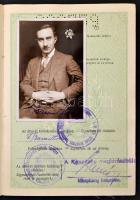 1932-1934 Bp., Magyar Királyság által kiadott fényképes útlevél fogalmazó részére, okmánybélyeggel, csehszlovák bejegyzéssel. Jó állapotban. / 1932-1934 Hungarian passport.