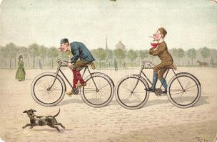 Gentlemen on bicycles. litho, artist signed (worn corners)