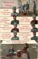 Katonai étlap, humoros képeslap / WWI K.u.K. military, humorous postcard, Military menu (EK)