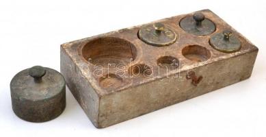 Régi hiányos réz súlykészlet, 5, 10, 20 dkg