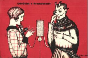 Üdvözlet a Krampusztól / Krampus with lady talking on the phone. B.K.W.I. 3329-13. s: H. Schmidt
