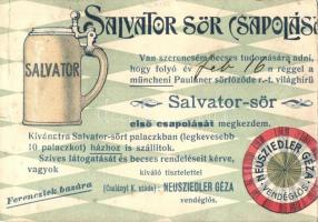 Neusziedler Géza vendéglős Salvator sör csapolása reklámlap / Hungarian restaurateurs beer tapping of Salvator beer, advertisement card (kis szakadás / small tear)