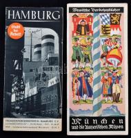 Vegyes nyomtatvány tétel, 4 db:  cca 1920 Rogaska Slatina. (Rohtisch-Sauerbrunn). Papírkötés, magyar nyelven.   1935 Hamburg. Stadt der Arbeit. Hamburg, Fremdenverkehrsverein. Kiadói papírkötés, német nyelven.  1936 München und die Bayerischen Alpen. Berlin, Deutschen Reiseverkehr. Kiadói papírkötés, fekete-fehér fotókkal, és egy térképpel, német nyelven.  1937 Parizs metrótérkép, szakadozott állapotban, 32x48 cm.