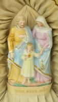 cca 1920 Házioltár a szent családdal, festett porcelán figura, "Wachet und betet" feliratú...