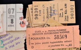 cca 1970-1980 Vegyes okmány tétel, kb. 50 db: 
Különféle uti-, belépő jegyek, közte cseh vonatjegye...