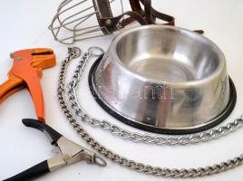 Vegyes bolhatétel, 6 db (kutyatál, szájkosár, 2 db lánc kutyapóráz, 1 db vezetékvágó, 1 db karomcsíp...