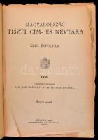 1936 Magyarország tiszti cím- és névtára. XLIV. évf. Szerk.: Magyar Királyi Központi Statisztikai Hivatal. Bp., Magyar Királyi Állami Nyomda. Kiadói kissé kopottas egészvászon-kötés, a címlap szakadt és részben kijár, egy oldal kijár.