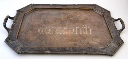 Antik füles rezezett alpakka tálca, jelzés nélkül, erősen kopott, préselt,  51×33 cm