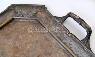 Antik füles rezezett alpakka tálca, jelzés nélkül, erősen kopott, préselt,  51×33 cm