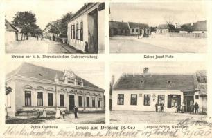 Drösing, Strasse zur k.k. Theresianischen Gutsverwaltung, Kaiser Josef Platz, Zobls Gasthaus, leopold Schön kaufmann / street, square, Guest house, shops. Photograph Martin Uhl