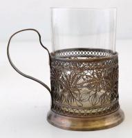 5 db filigrán alpakka pohártartó, egy híján mindegyikhez üveg betéttel, jó állapotban