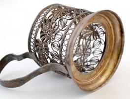 5 db filigrán alpakka pohártartó, egy híján mindegyikhez üveg betéttel, jó állapotban