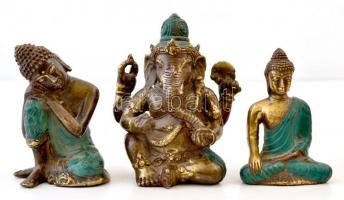 3 db keleti szobor: 2 db Buddha, 1 db Ganésa, festett réz, jelzés nélkül, kopásokkal, m: 9,5 / 10 / 12 cm /  Three oriental statuettes: 2 Buddhas, 1 Ganesha, paintes copper, without hallmark, signs of wear, h: 9,5 / 10 / 12 cm