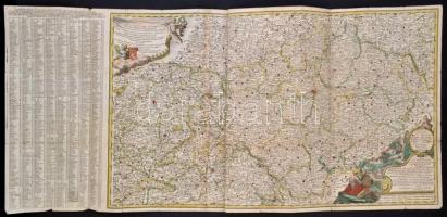 Joannis Jacobi Lidl (1696-1771): Accurata descriptio Gegraphia totus Regni Bohemiae / Csehország komplett földrajzi térképe. Díszes, színezett kartussal, a helységnevek mutatójával. Hajtások szélénél egy-két szakadással. Rézmetszet. /  Complete Geographical map of Bohemia. With ornamented, colored cartuche. Smaller tears at the folds. Etching. 101x48 cm