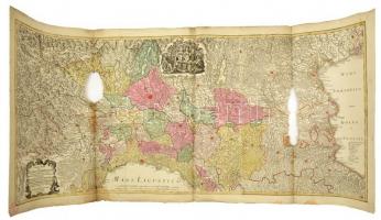 Lotter, Tobias Conrad (1717-1777): Cursus Padi per Longobardiam... / Lombardia térképe. Színezett rézmetszet. Rajta két nagy hiánnyal. /  Etched map of Lombardy. Colored. With two large parts missing. 135x62 cm