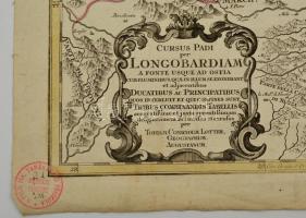 Lotter, Tobias Conrad (1717-1777): Cursus Padi per Longobardiam... / Lombardia térképe. Színezett ré...