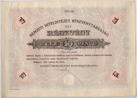 Budapest 1926. Nemzeti Hitelintézet Részvénytársaság részvénye 10P-ről, szárazpecséttel T:II-