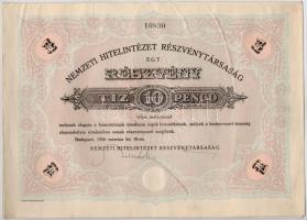 Budapest 1926. "Nemzeti Hitelintézet Részvénytársaság" részvénye 10P-ről, szárazpecséttel T:II-
