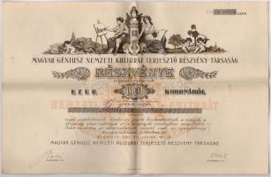 Budapest 1921. "Magyar Géniusz Nemzeti Kulturát Terjesztő Részvény-Társaság" névre szóló részvénye teljesen befizetett 1000K-ról, szárazpecséttel és részvényekkel T:III szép papír