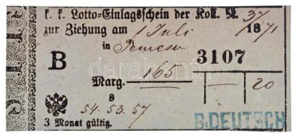 Temesvár 1871. Lottójegy, bélyegzéssel T:III /  Hungary / Temesvár (Timisoara) 1871. Lottery ticket with overprint C:F